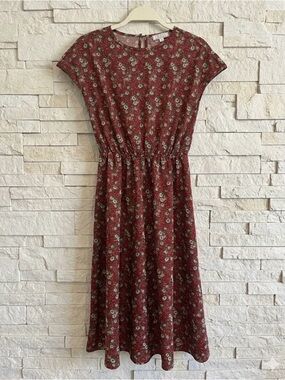Floral Rust Midi Dress with Elastic Waist